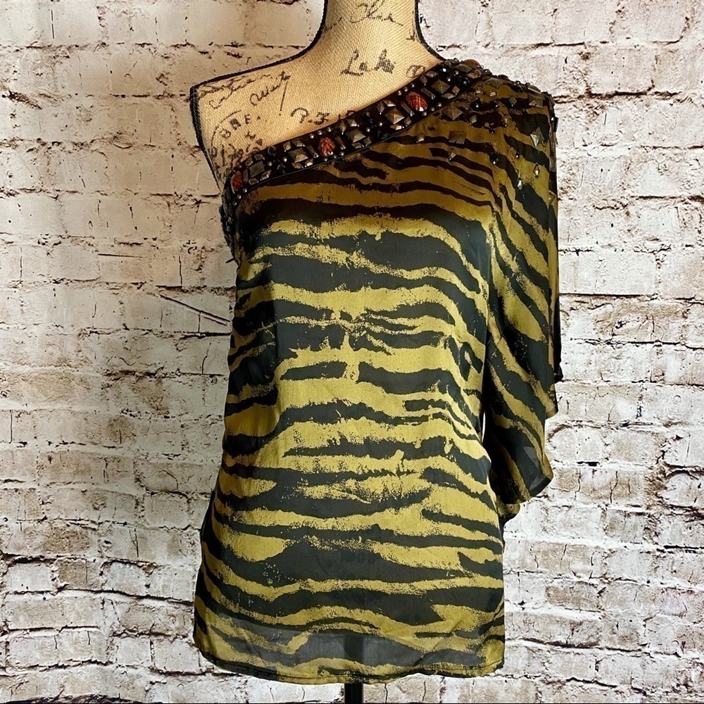 +Bebe Womens Blouse Green Black Zebra Print Sz S